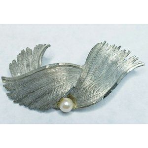 BSK Brooch Brushed Silver Tone MCM Style with a Faux Pearl Signed BSK